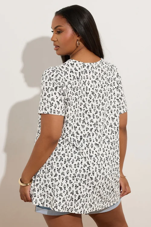 Yours Curve White Ditsy Floral Ribbed Swing T-Shirt - 18 Image 4