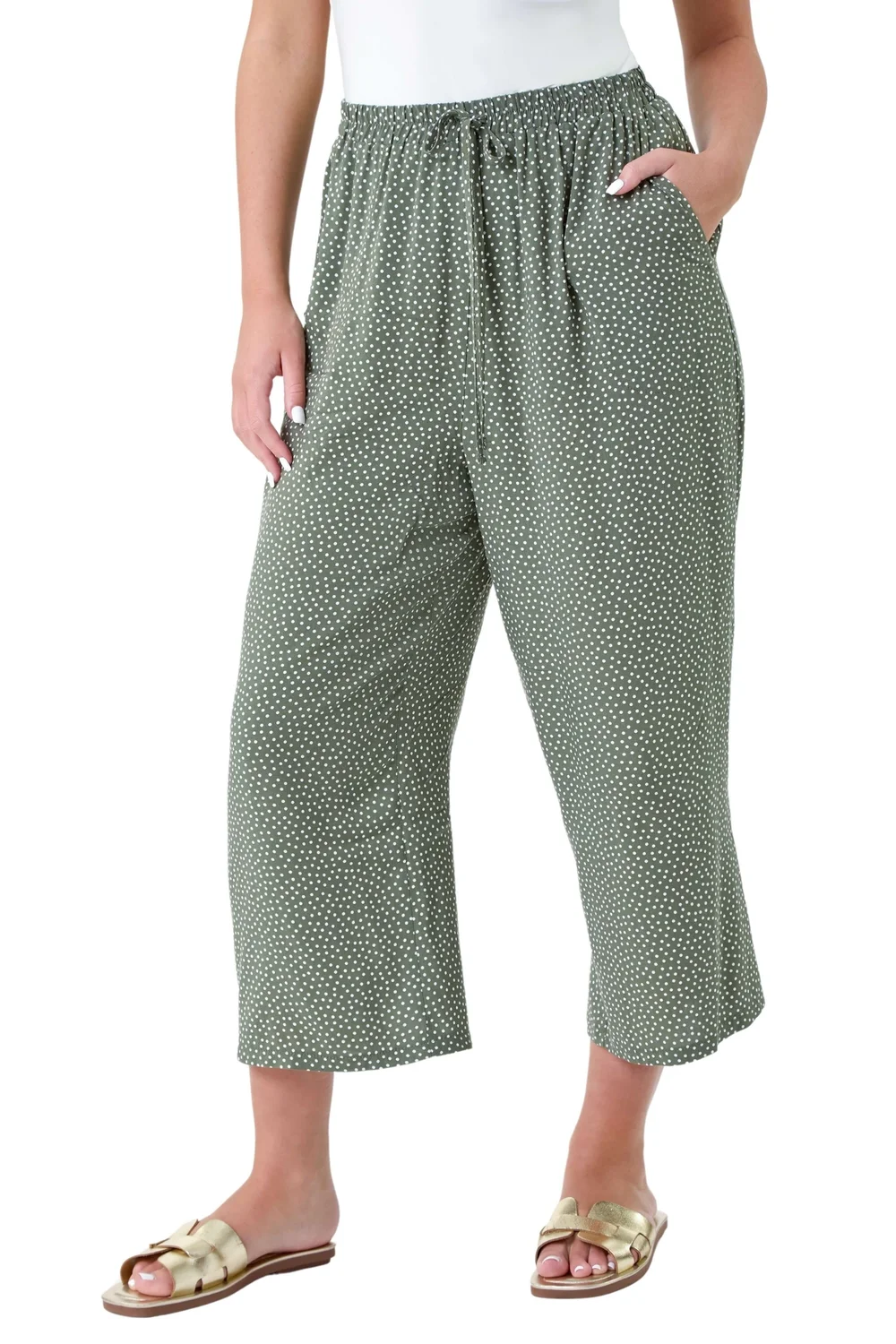 Roman Khaki Petite Spot Print Stretch Culottes - 8 Image 1