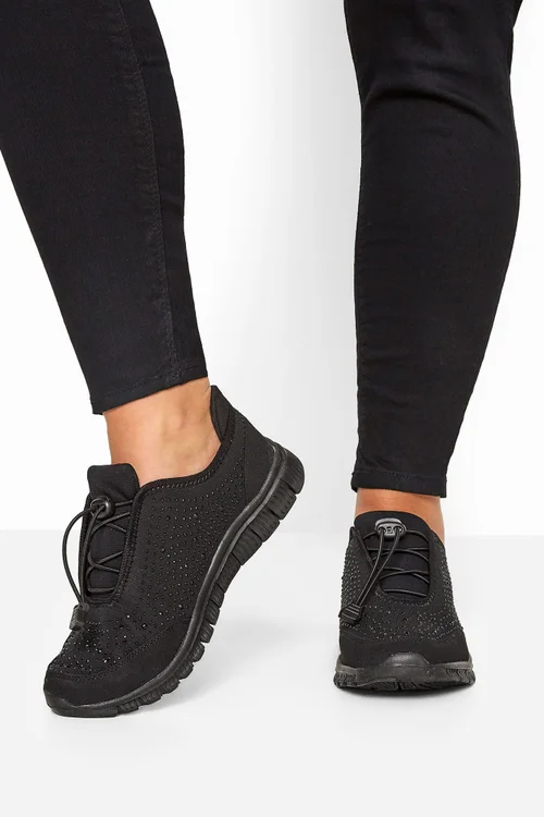 Yours Black Embellished Drawcord Trainers In Wide E Fit - 6 Wide Image 1