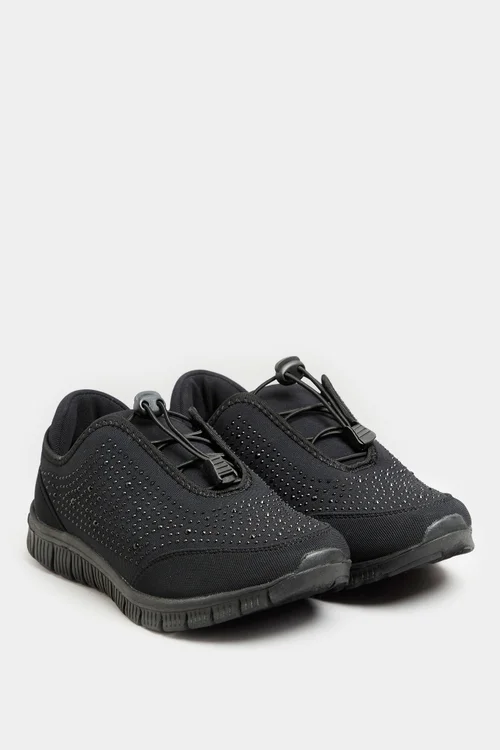 Yours Black Embellished Drawcord Trainers In Wide E Fit - 6 Wide Image 2