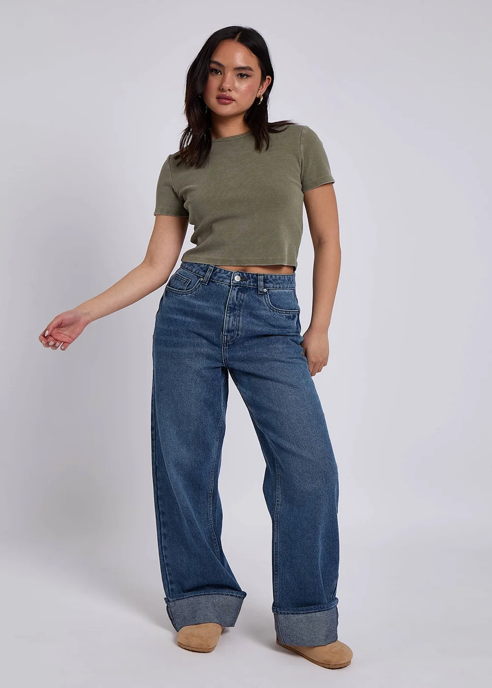 Urban Bliss Mid Blue Turn Up Jeans - 8 Image 1