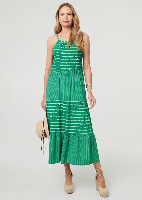 Izabel London Green Striped Ruched Texture Tiered Midi Dress - S/M Image 1