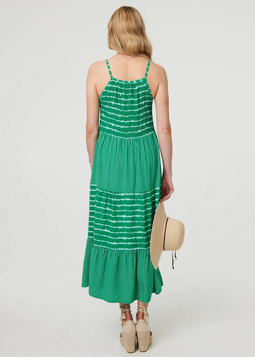 Izabel London Green Striped Ruched Texture Tiered Midi Dress - S/M Image 2