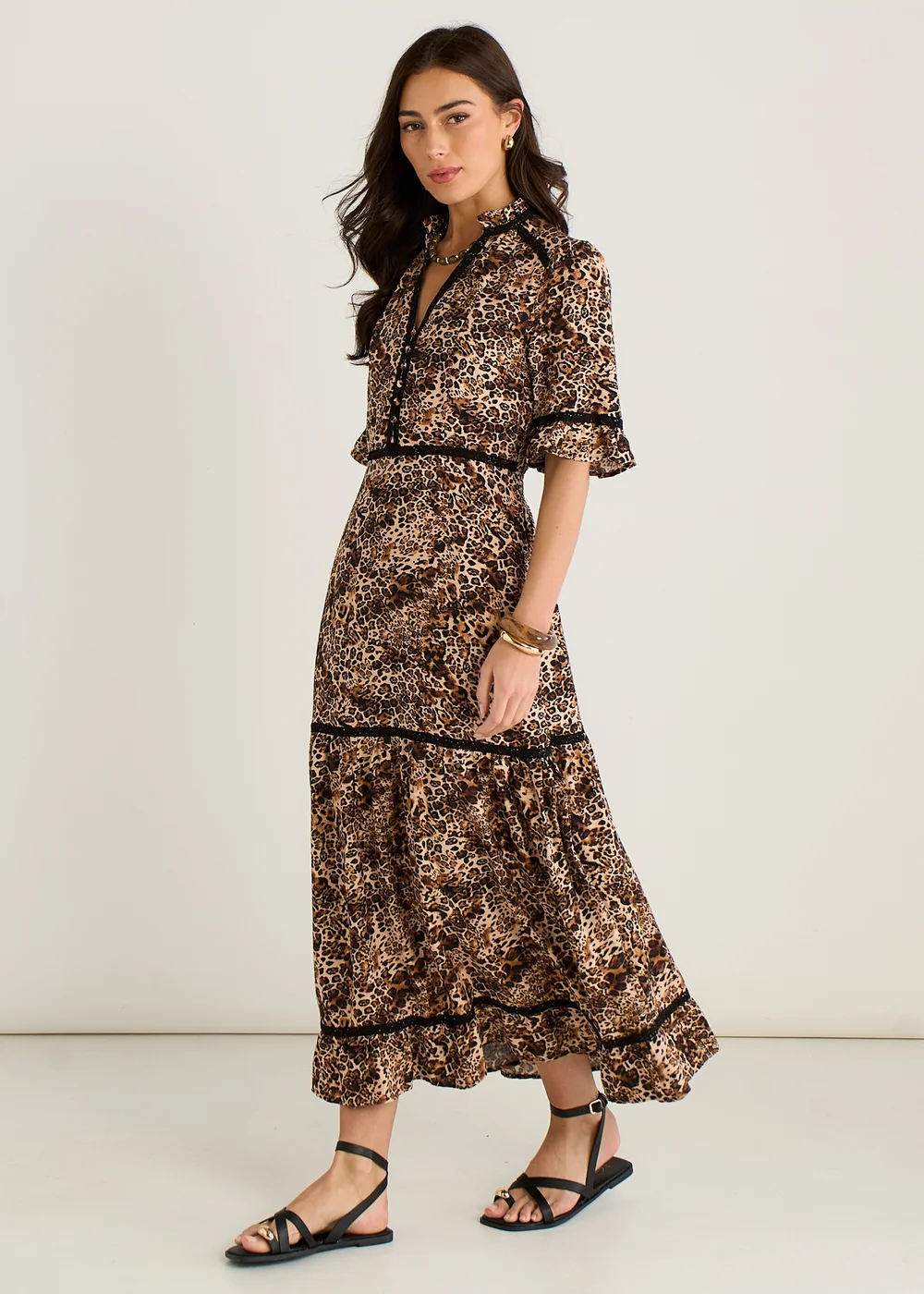 Gini London Brown Animal Print Lace Trim Tiered Midi Dress - 8 Image 4