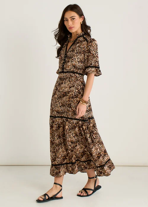 Gini London Brown Animal Print Lace Trim Tiered Midi Dress - 8 Image 4