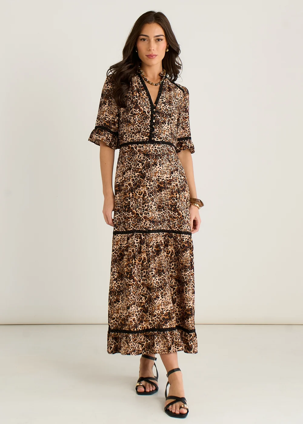 Gini London Brown Animal Print Lace Trim Tiered Midi Dress - 8 Image 1