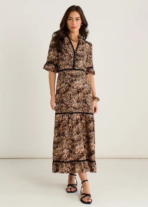 Gini London Brown Animal Print Lace Trim Tiered Midi Dress - 8 Image 1
