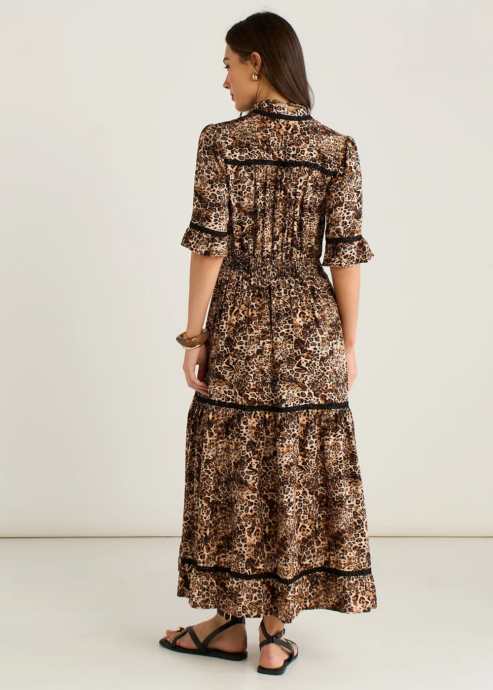 Gini London Brown Animal Print Lace Trim Tiered Midi Dress - 8 Image 2