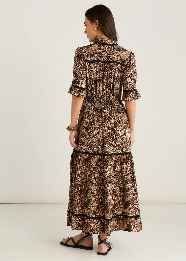 Gini London Brown Animal Print Lace Trim Tiered Midi Dress