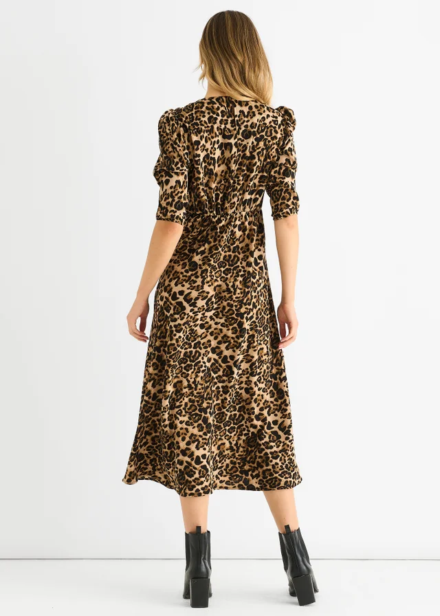 Gini London Brown Animal Print Satin Animal Shift Midi Dress