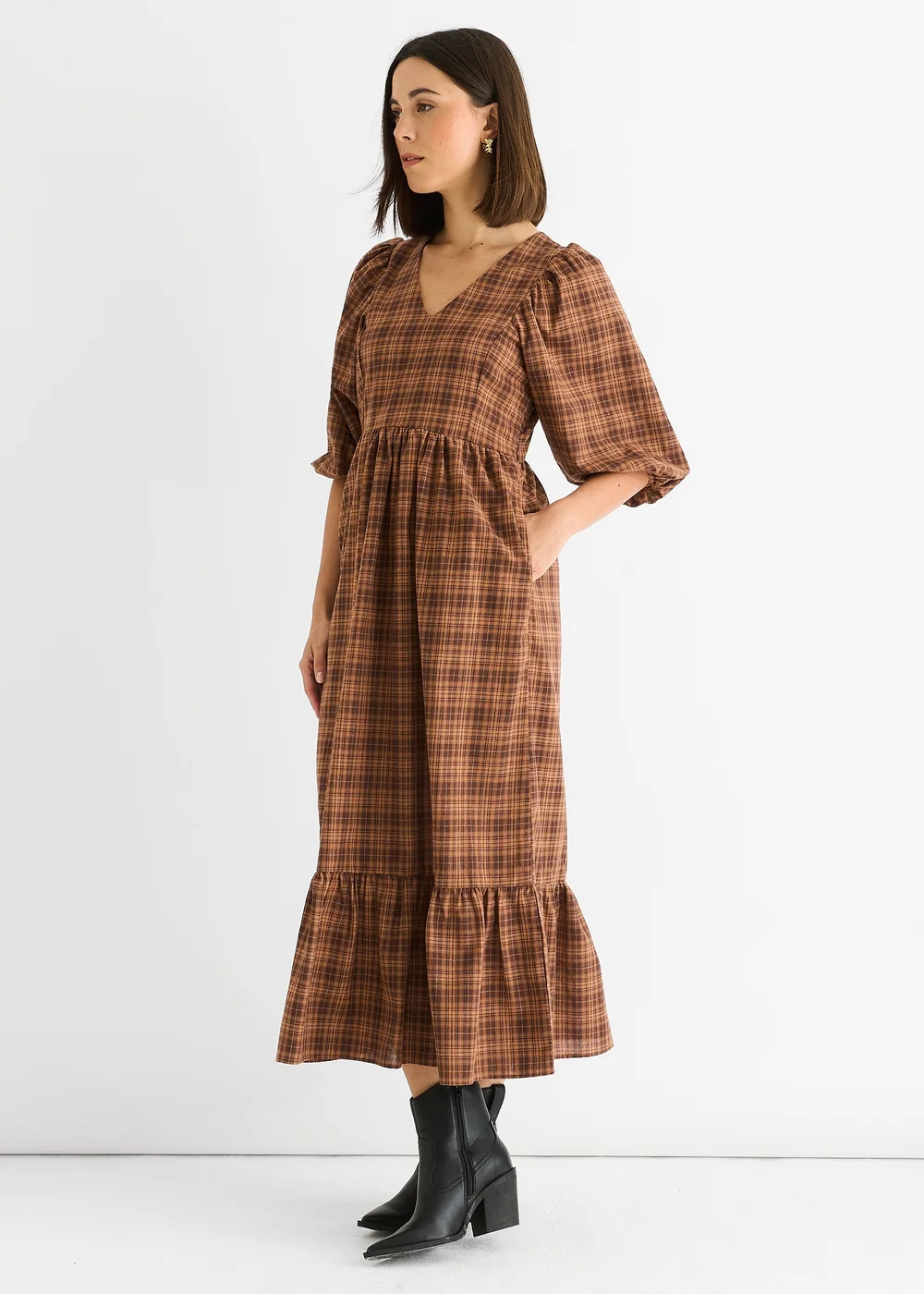 Gini London Brown Cotton Puff Sleeves V Neck Midi Dress - 8 Image 5