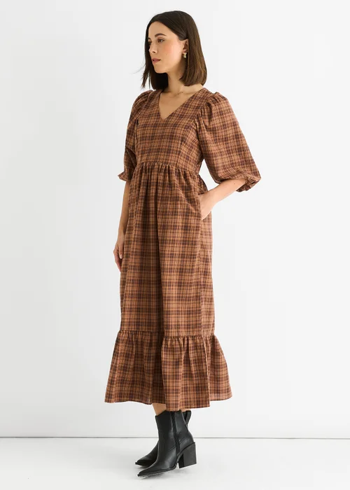 Gini London Brown Cotton Puff Sleeves V Neck Midi Dress - 8 Image 5