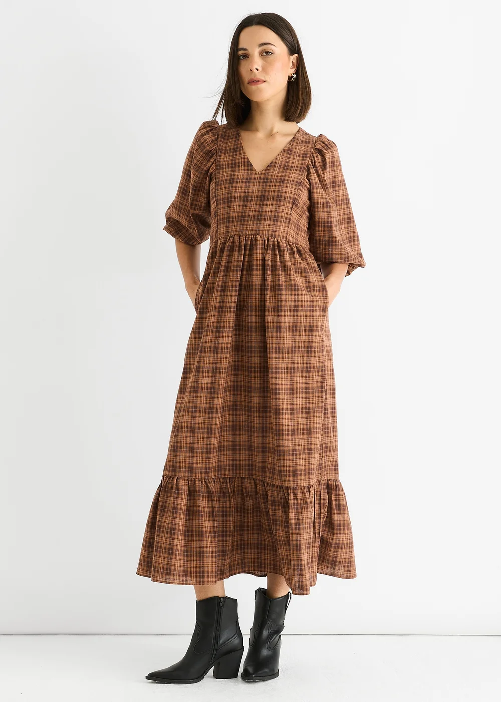 Gini London Brown Cotton Puff Sleeves V Neck Midi Dress - 8 Image 2