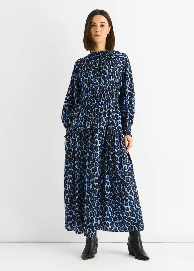 Gini London Blue Animal Print Shirred High Neck Maxi Dress
