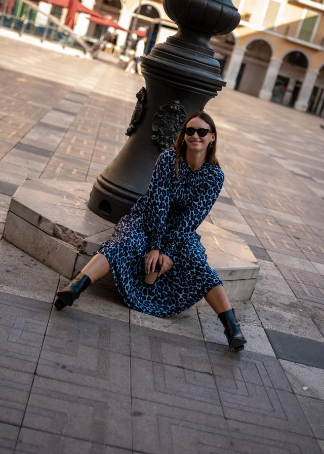 Gini London Blue Animal Print Shirred High Neck Maxi Dress