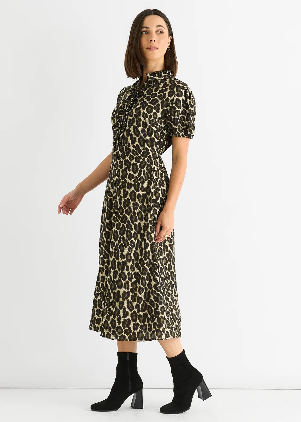 Gini London Green Animal Print Ruffle Neck Midi Dress - 16 Image 4