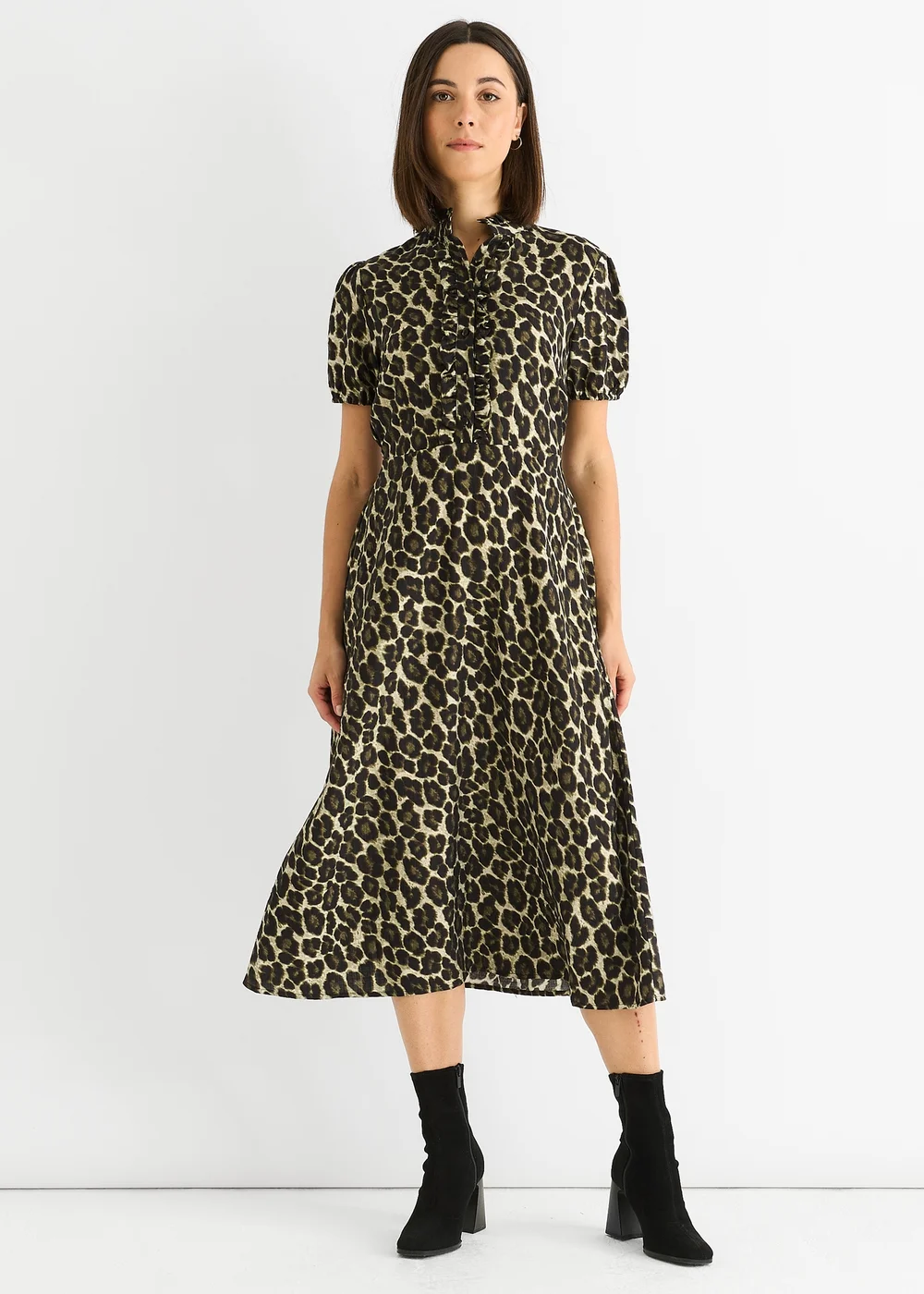 Gini London Green Animal Print Ruffle Neck Midi Dress - 16 Image 1