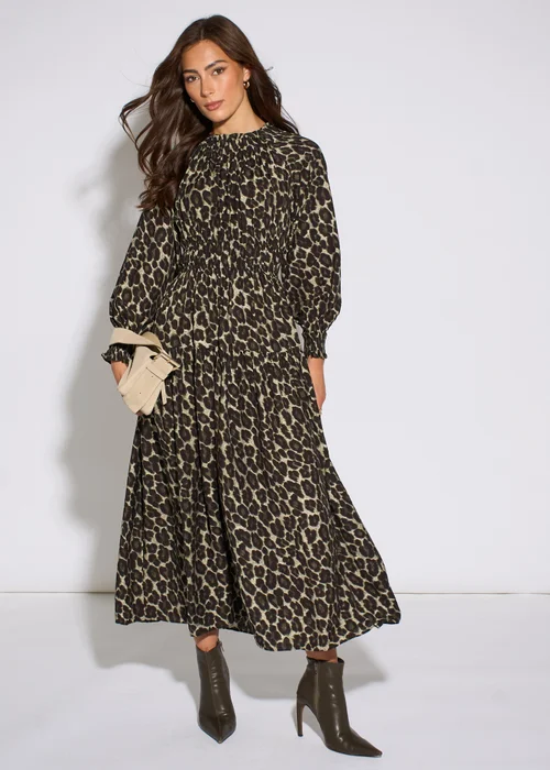 Gini London Khaki Animal Print Shirred High Neck Maxi Dress - 14 Image 1