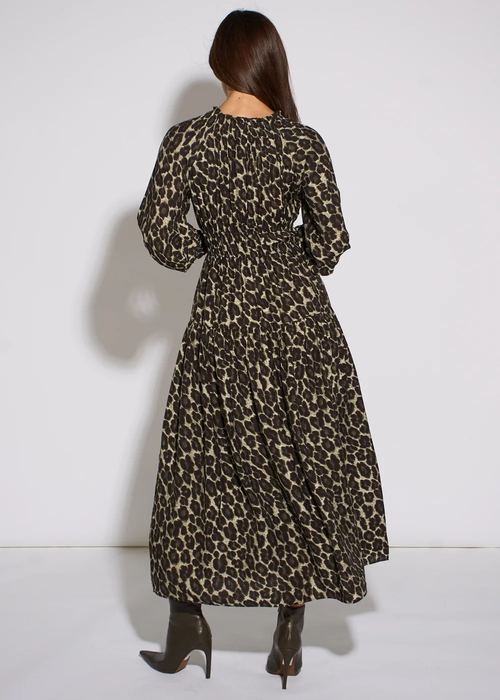 Gini London Khaki Animal Print Shirred High Neck Maxi Dress - 14 Image 2