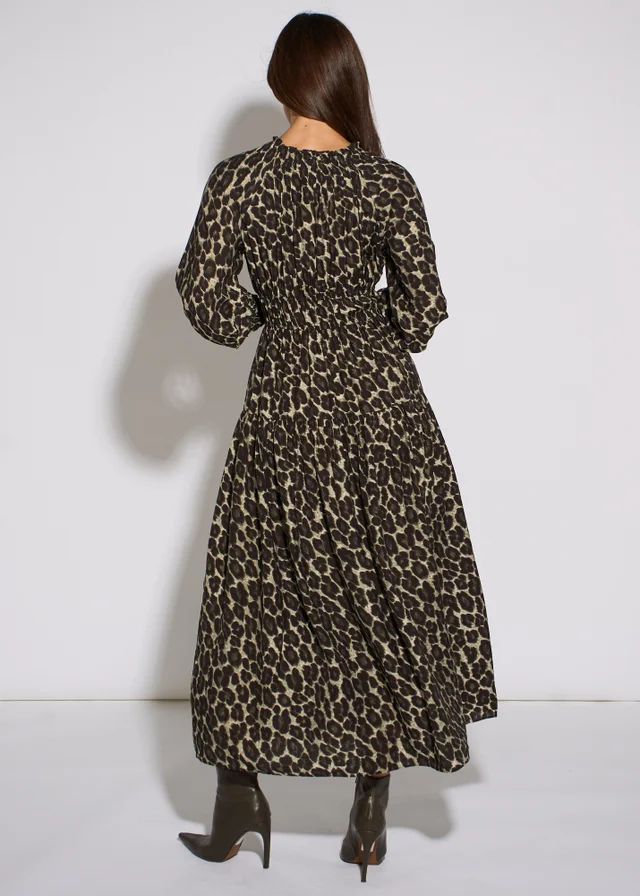 Gini London Khaki Animal Print Shirred High Neck Maxi Dress