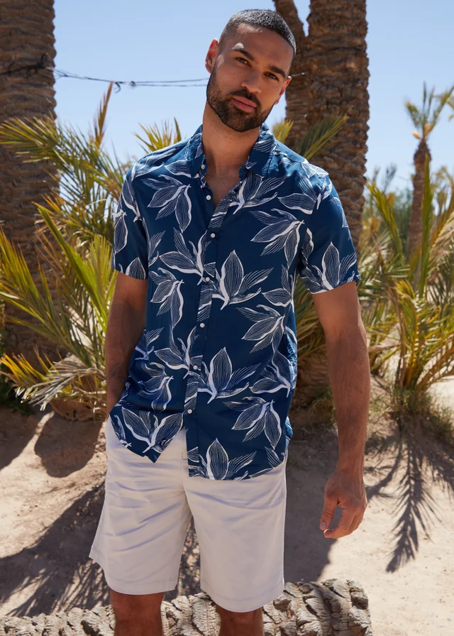 Threadbare Navy Leaf Print Short Sleeve Shirt