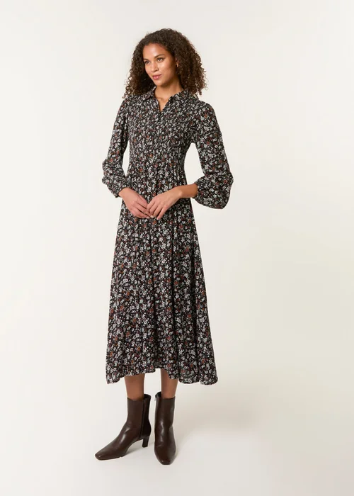Blue Vanilla Black Ditsy Floral Long Sleeve Shirred Maxi Dress - M Image 3