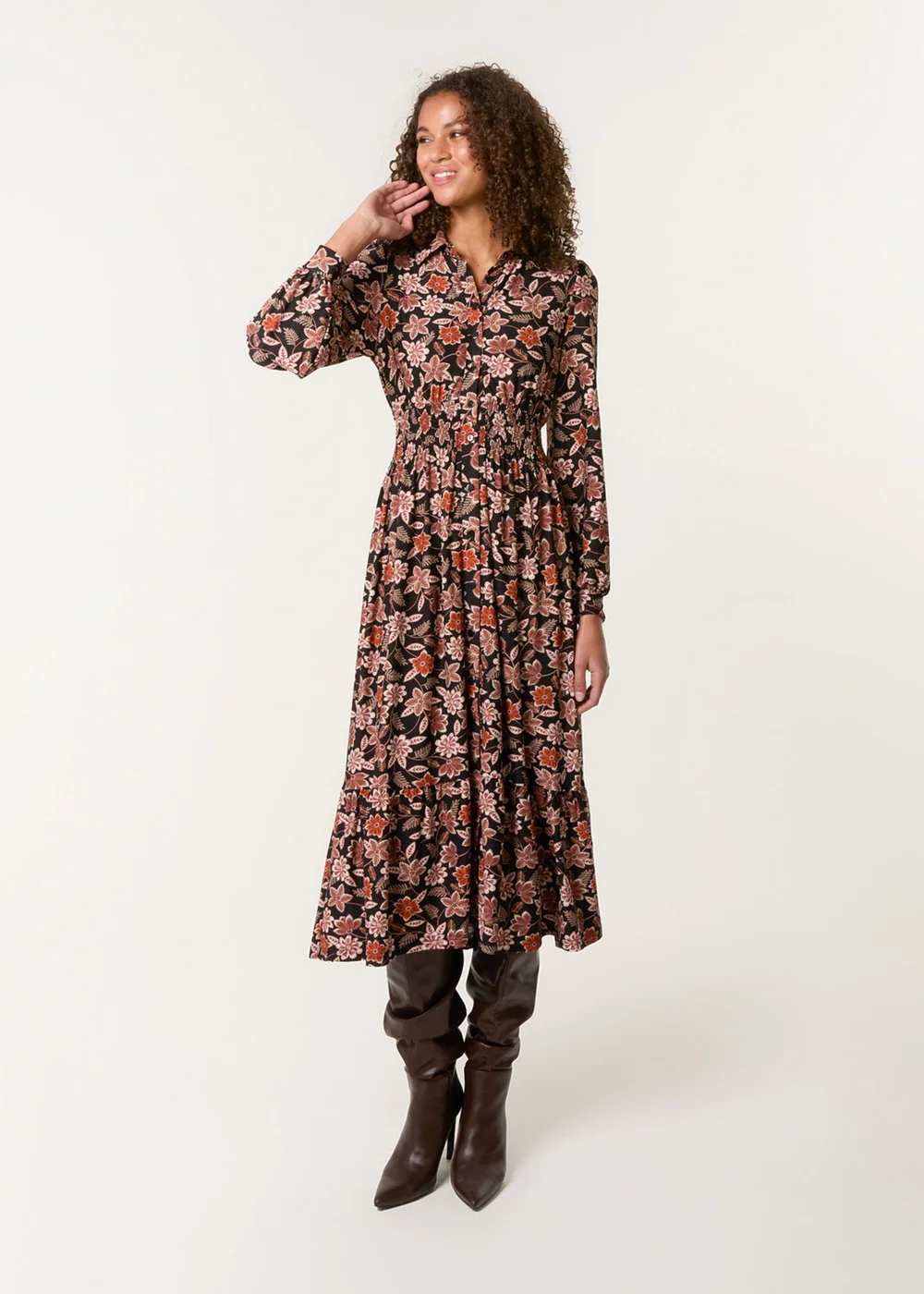 Blue Vanilla Black Floral Printed Shirred Waist Midi Shirt Dress - S Image 3