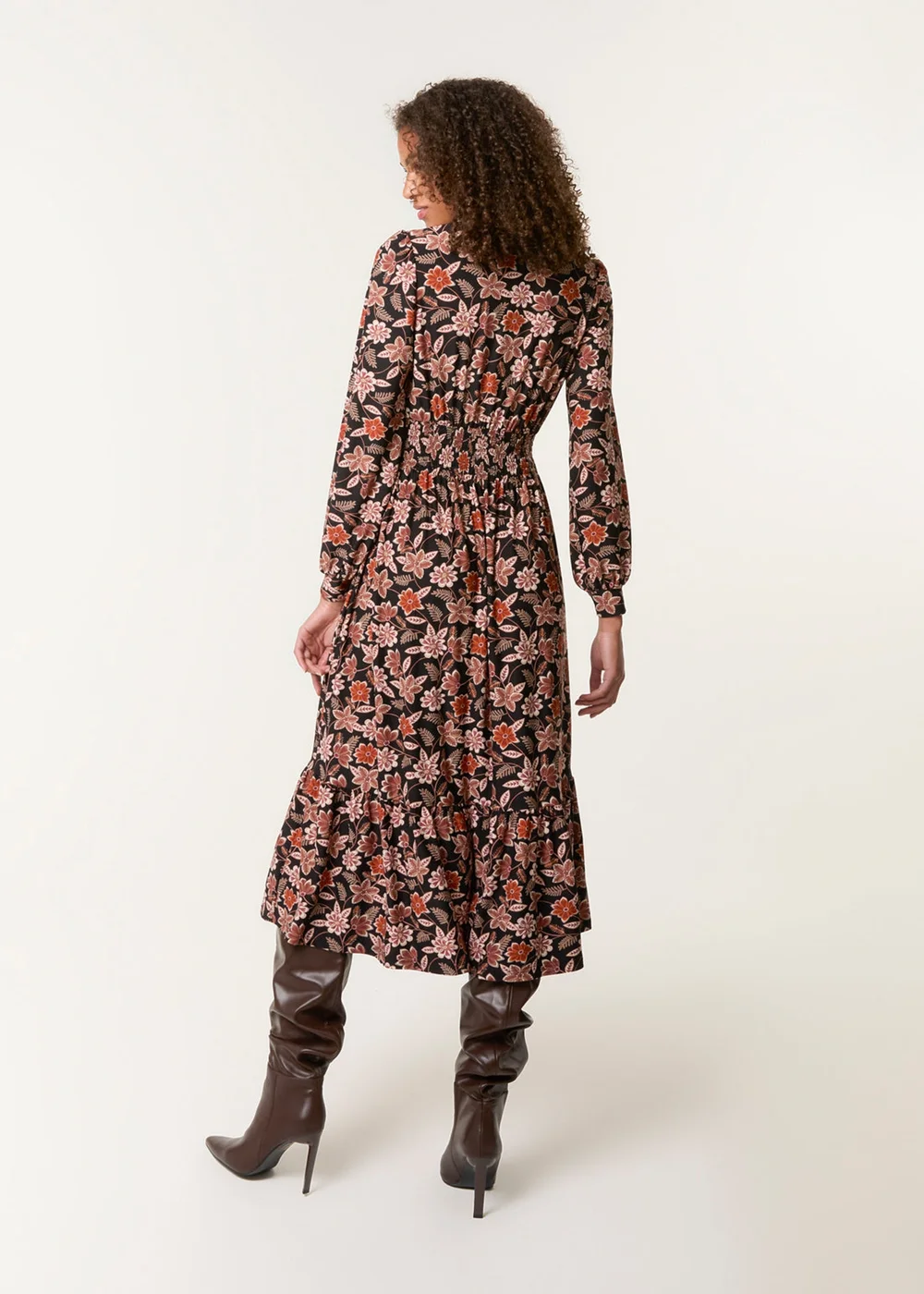 Blue Vanilla Black Floral Printed Shirred Waist Midi Shirt Dress - S Image 4