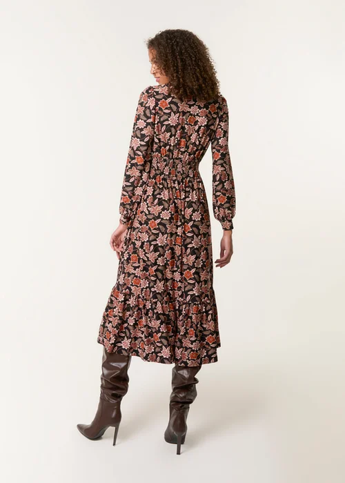 Blue Vanilla Black Floral Printed Shirred Waist Midi Shirt Dress - S Image 4