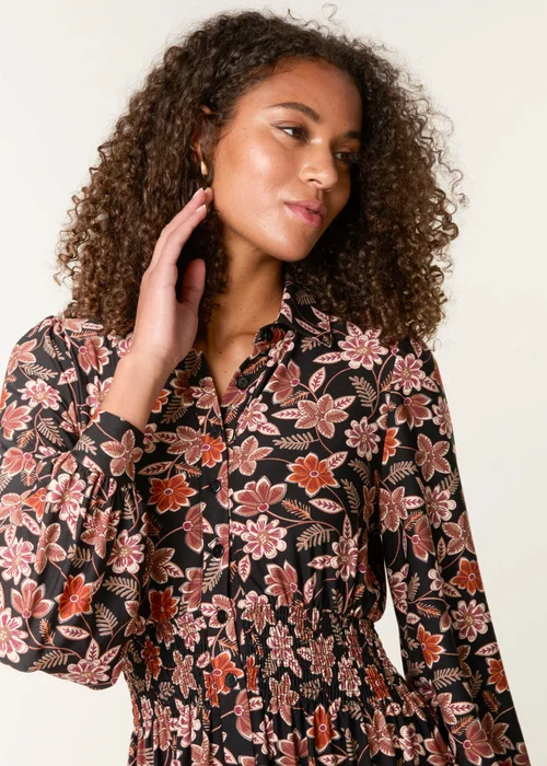 Blue Vanilla Black Floral Printed Shirred Waist Midi Shirt Dress - S Image 2