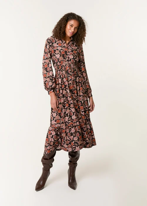 Blue Vanilla Black Floral Printed Shirred Waist Midi Shirt Dress - S Image 1