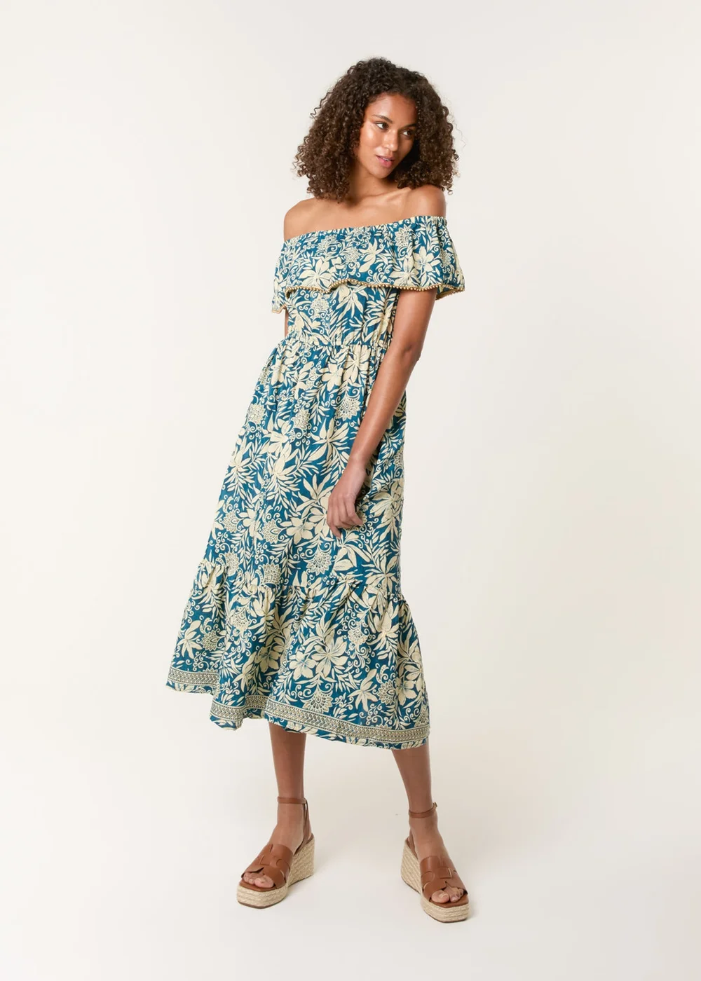 Blue Vanilla Turquoise Gold Beaded Bardot Midi Dress - L/XL Blue Vanilla Turquoise Gold Beaded Bardot Midi Dress - L/XL