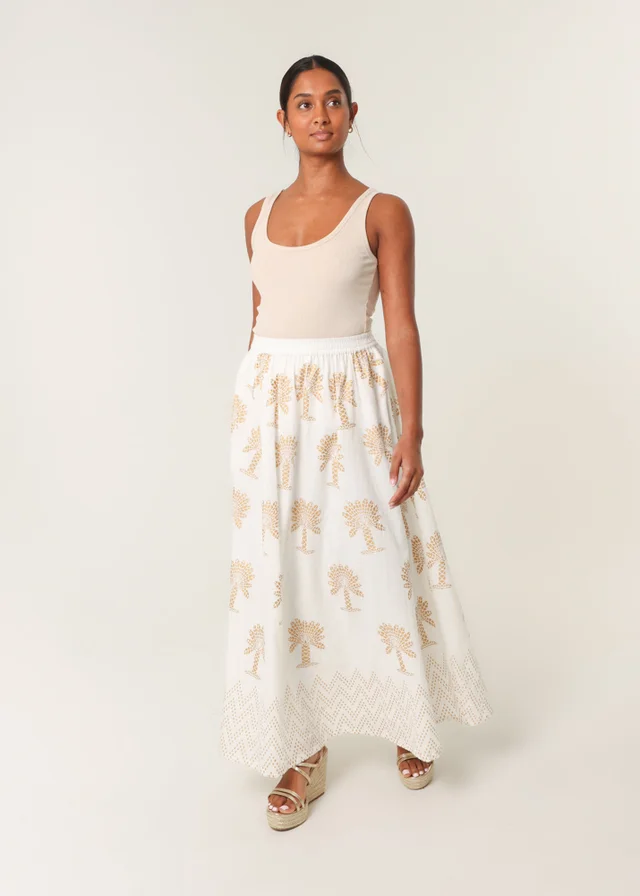 Blue Vanilla Ivory Gold Palm Print Circle Skirt