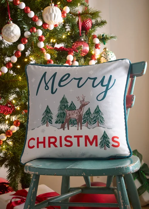 Fusion Merry Christmas Deer Velvet Green Filled Cushion - 43W X 43D Image 1