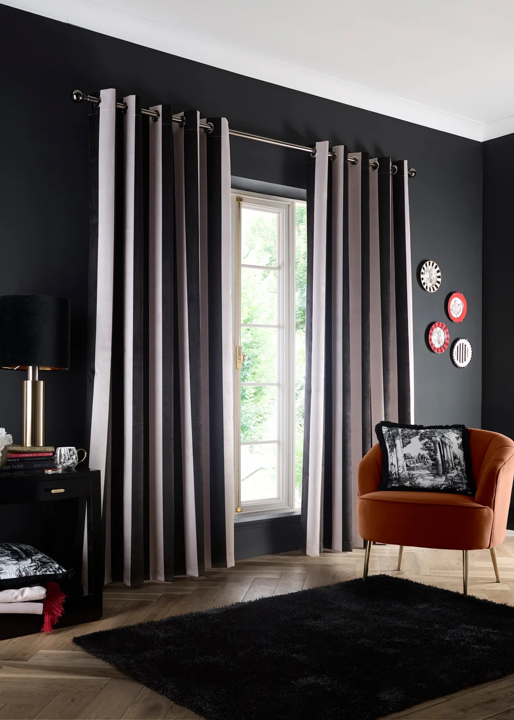 Laurence Llewelyn-Bowen Festivo Stripe Black Eyelet Curtains - 46W X 54D (117x137cm) Image 1