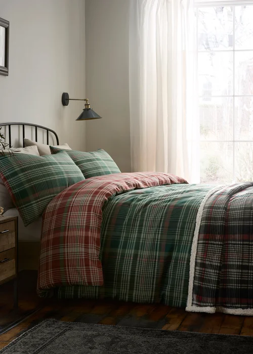 Dreams & Drapes Bennet Check Brushed Green Duvet Cover Set - Single Image 4