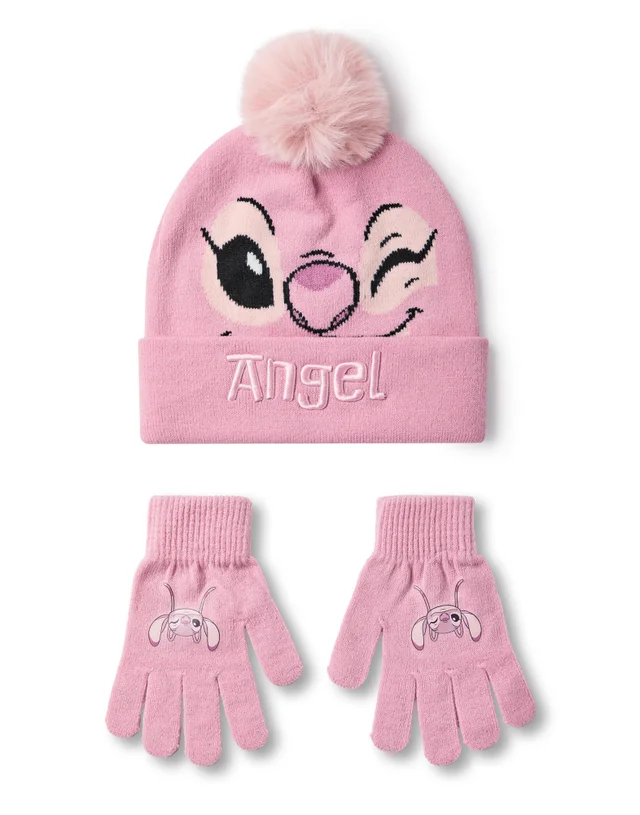 Disney Kids Angel Character Face Beanie & Gloves Pink Set