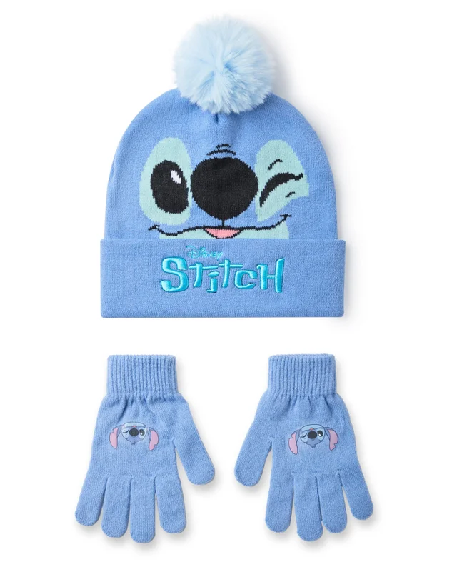 Disney Kids Stitch Character Face Beanie & Gloves Blue Set