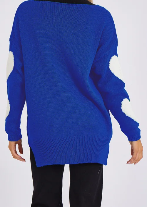 Gini London Blue V Neck Oversized Heart Knit Jumper - S/M Image 2