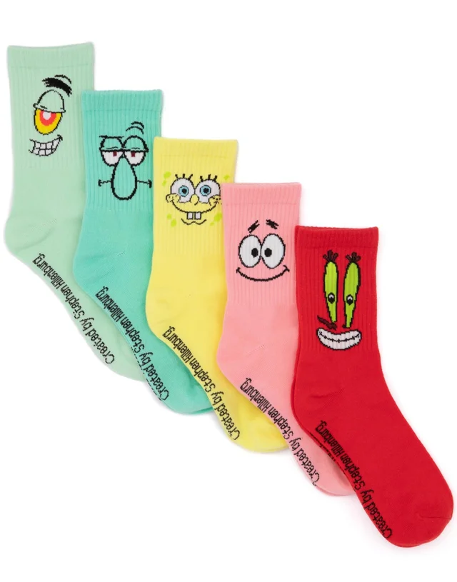 SpongeBob SquarePants Unisex Yellow Mutli-Character Calf Socks Set Of 5