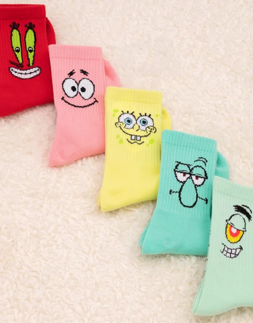 SpongeBob SquarePants Unisex Yellow Mutli-Character Calf Socks Set Of 5 - Size 4-8 Image 2