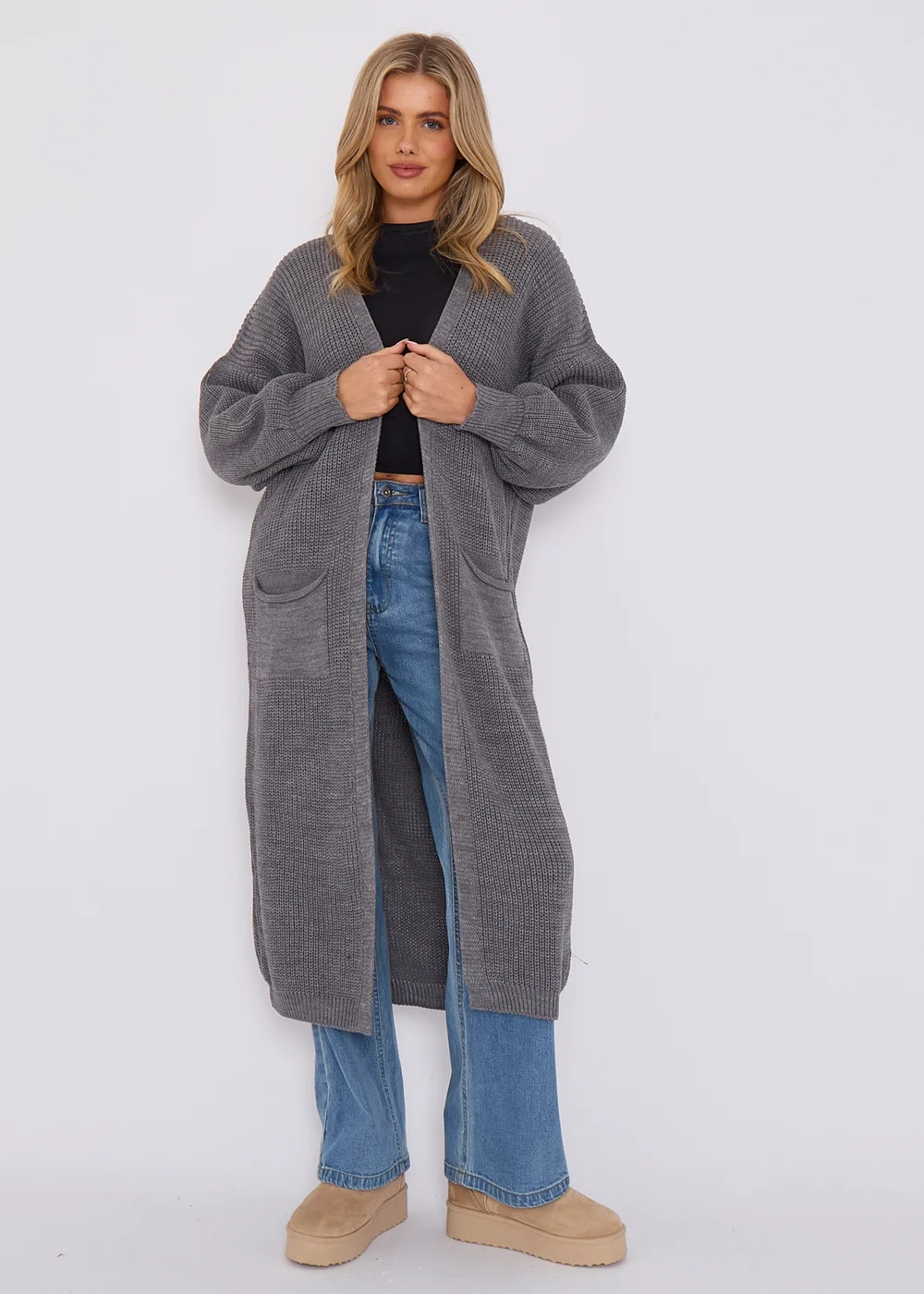 Gini London Dark Grey Chunky Knit Long Cardigan - M/L Image 1