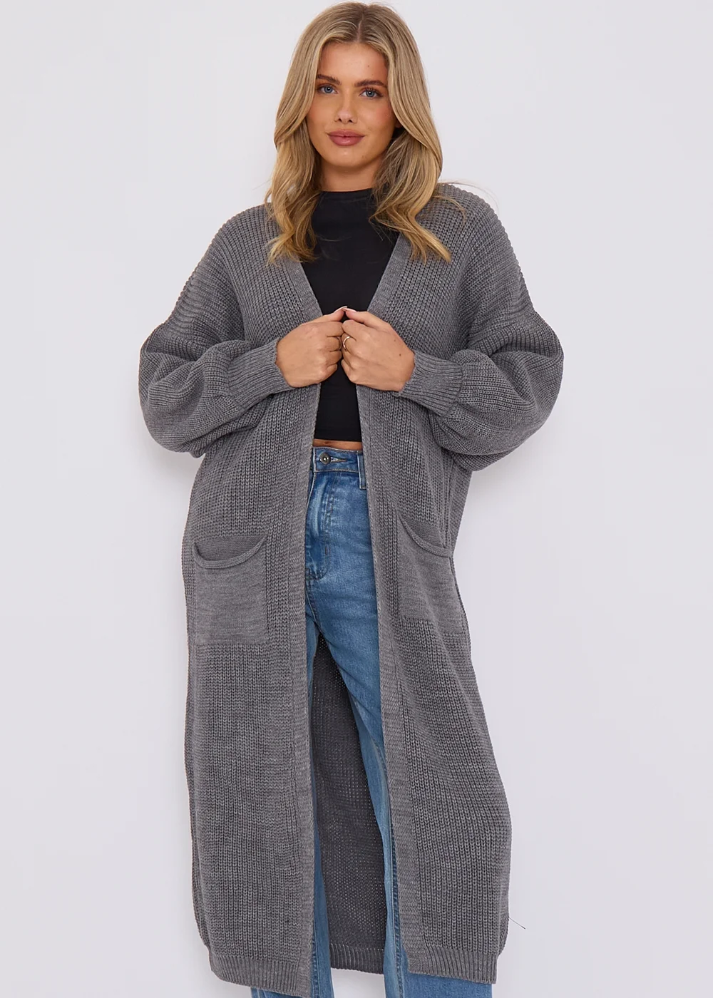 Gini London Dark Grey Chunky Knit Long Cardigan - M/L Image 3
