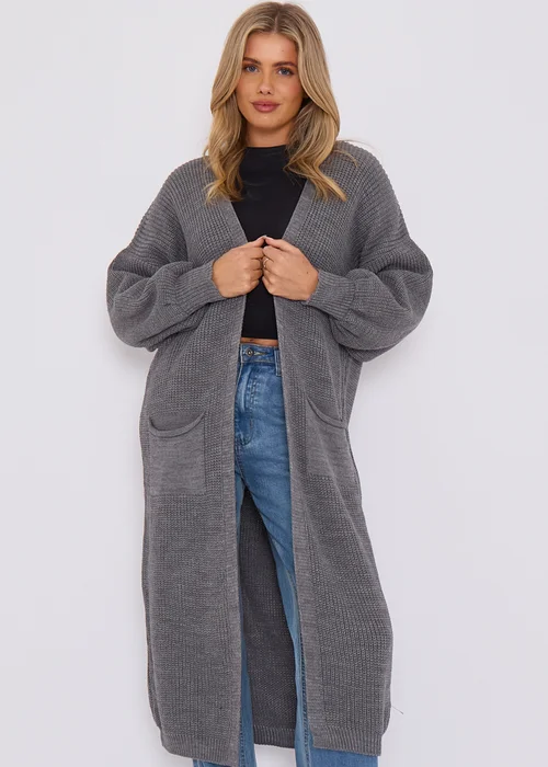 Gini London Dark Grey Chunky Knit Long Cardigan - M/L Image 3