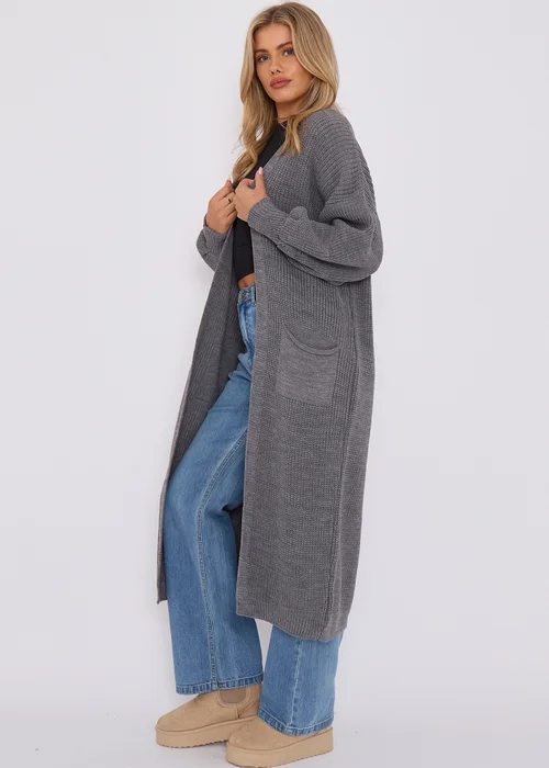 Gini London Dark Grey Chunky Knit Long Cardigan - M/L Image 4