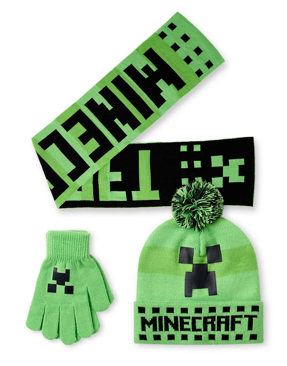 Minecraft Boys Green Creeper Face Beanie, Gloves & Scarf Set - One Size Image 1