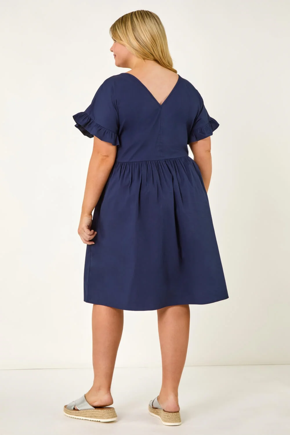 Roman Navy Curve Cotton V-Neck Frill Dress - 20 Image 3