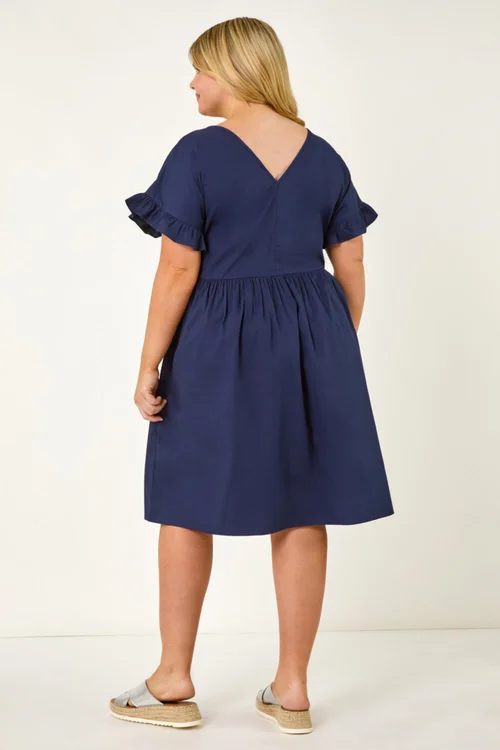Roman Navy Curve Cotton V-Neck Frill Dress - 20 Image 3