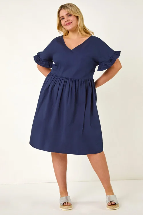 Roman Navy Curve Cotton V-Neck Frill Dress - 20 Image 2