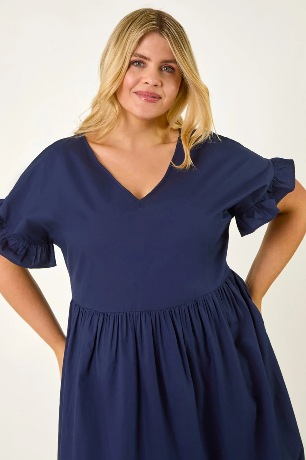 Roman Navy Curve Cotton V-Neck Frill Dress - 20 Image 4